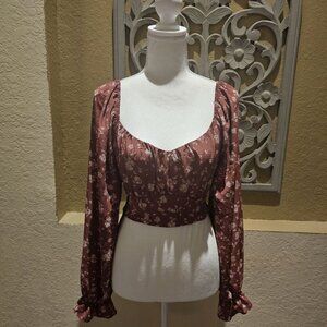 Altar'd State XL Top Floral Rust  Peasant Boho Garden Silhouette Puff Sleeve Tie